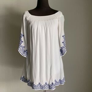 Express sz S White Blue Embroidered Off Shoulder‎ Milkmaid Y2K Mini Dress